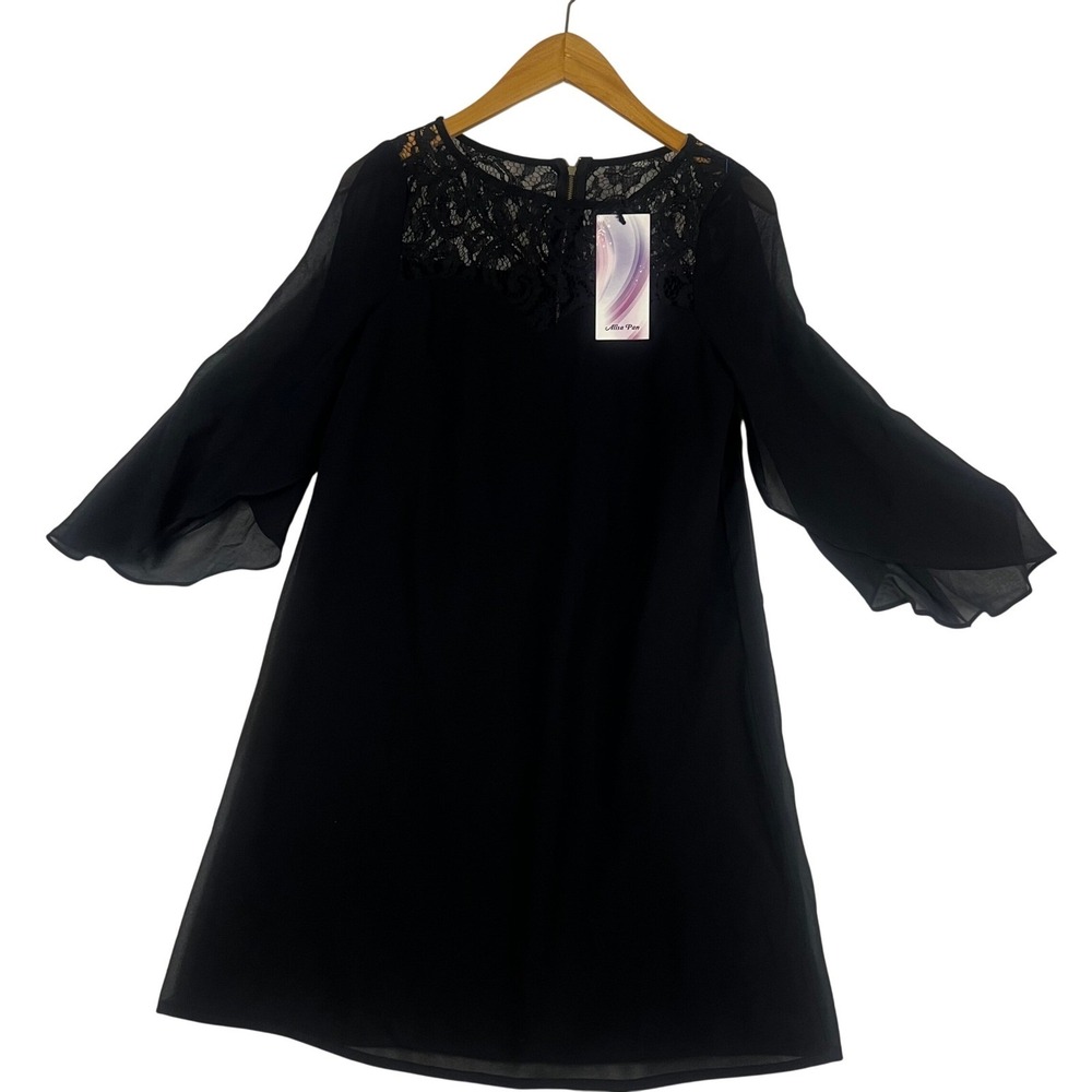 Alisa Pan Black Lace Yoke Shift Dress US 6 Bell Sleeve Cocktail AP05242BK08 NWT